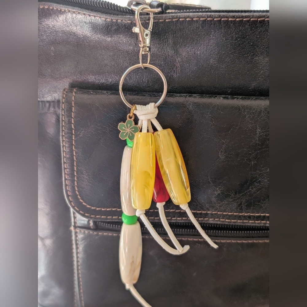 Yellow and White Beaded Keychain